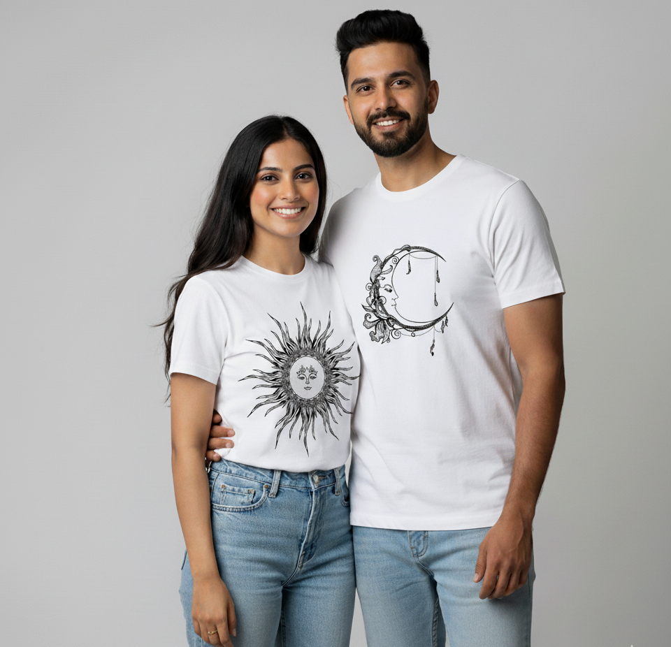 Celestial Sun and Moon Matching Couple T-Shirts