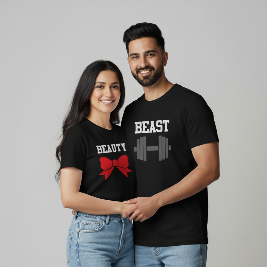 "BEAUTY & BEAST" matching couple gym T-shirts