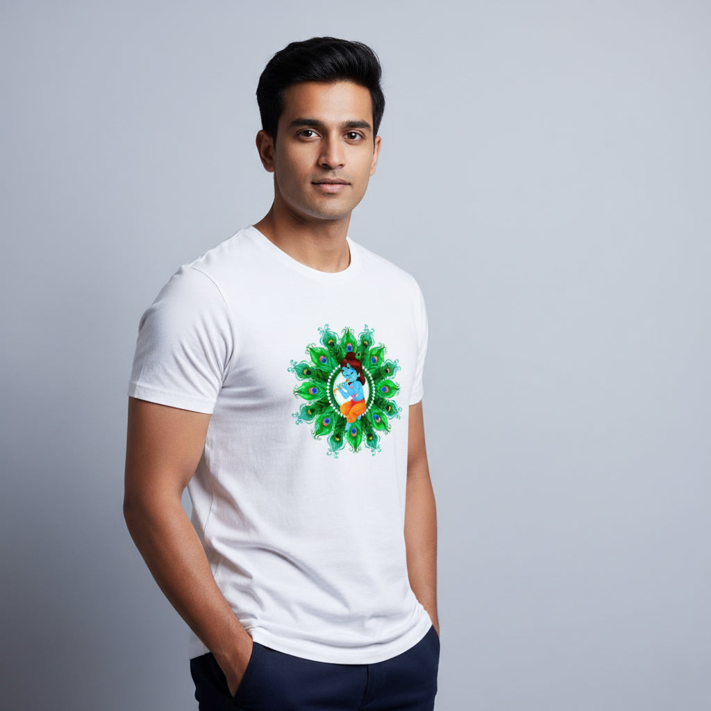 Krishna's Peacock Mandala T-Shirt: Bal Gopal Design