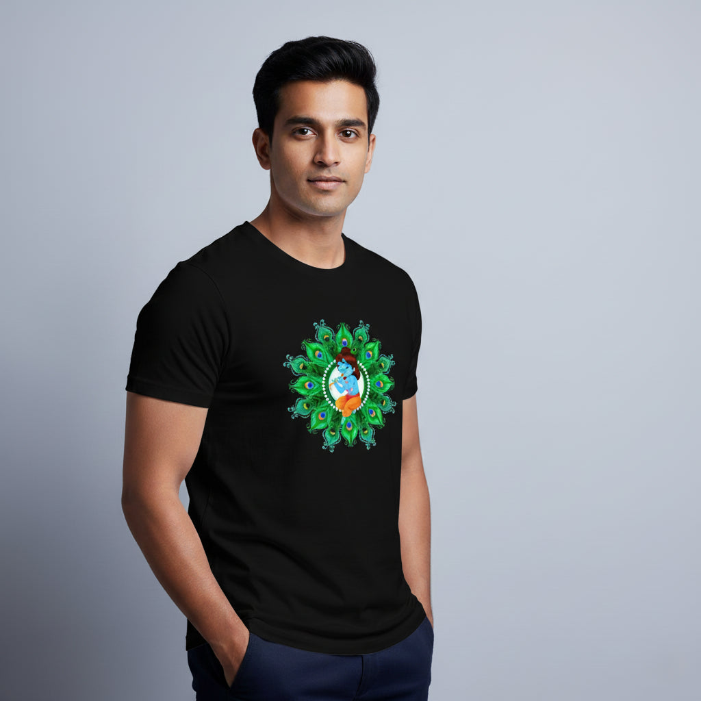 Krishna's Peacock Mandala T-Shirt: Bal Gopal Design