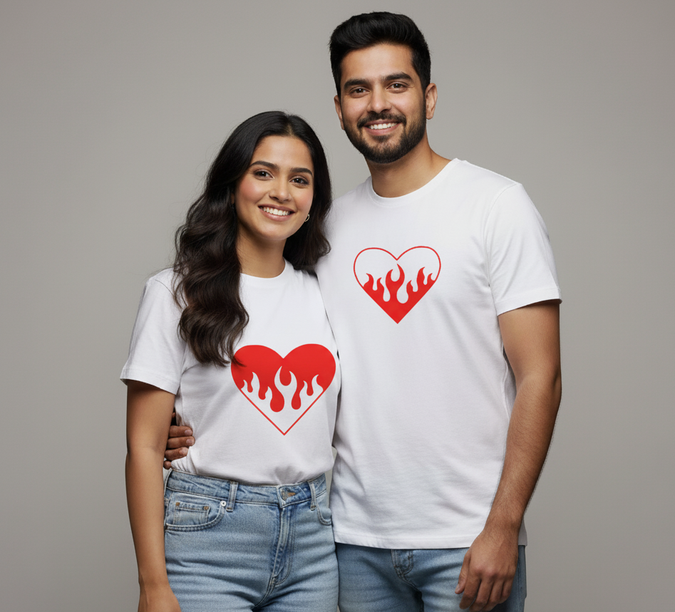 Flaming Heart Matching Couple T-Shirts