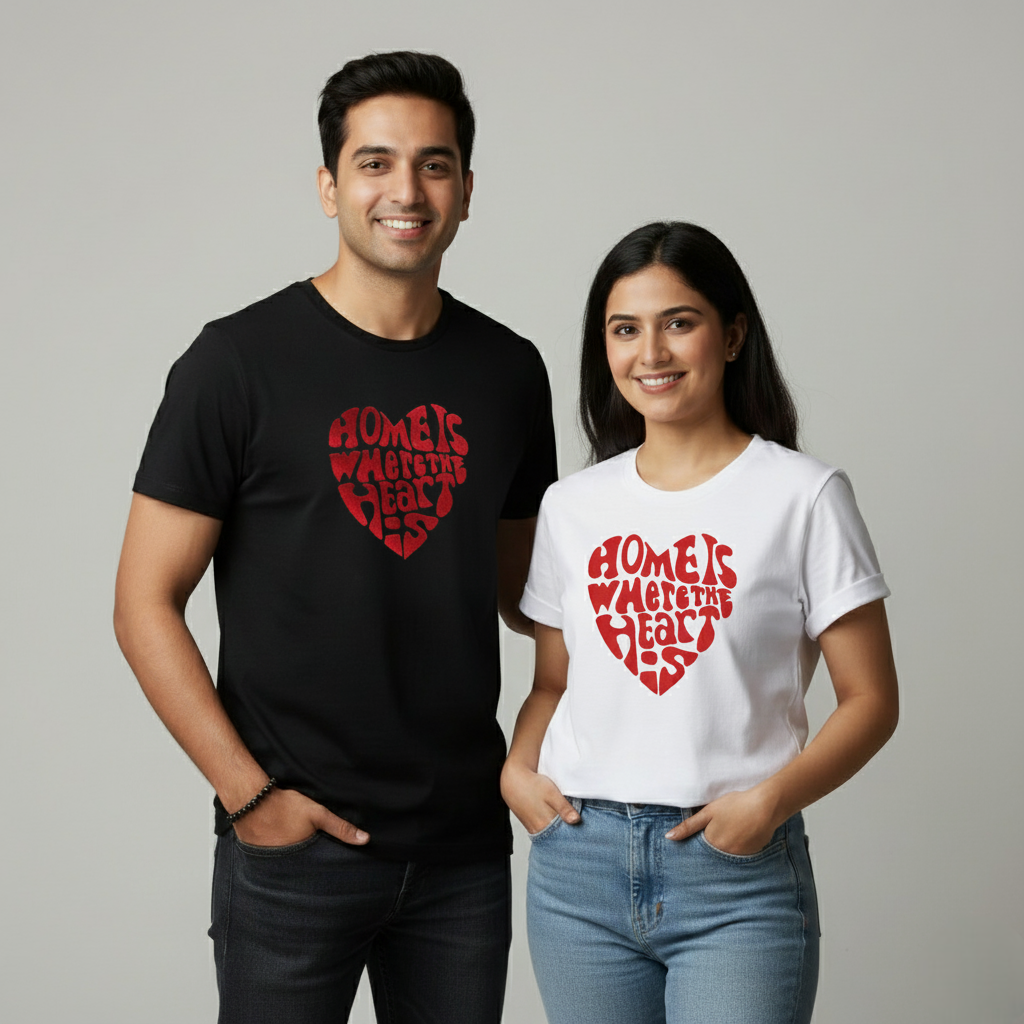 Mr. & Mrs. Couple Theme T-Shirt: "Home Is Where The Heart Is" Matching Short Sleeve Tees - Black & White