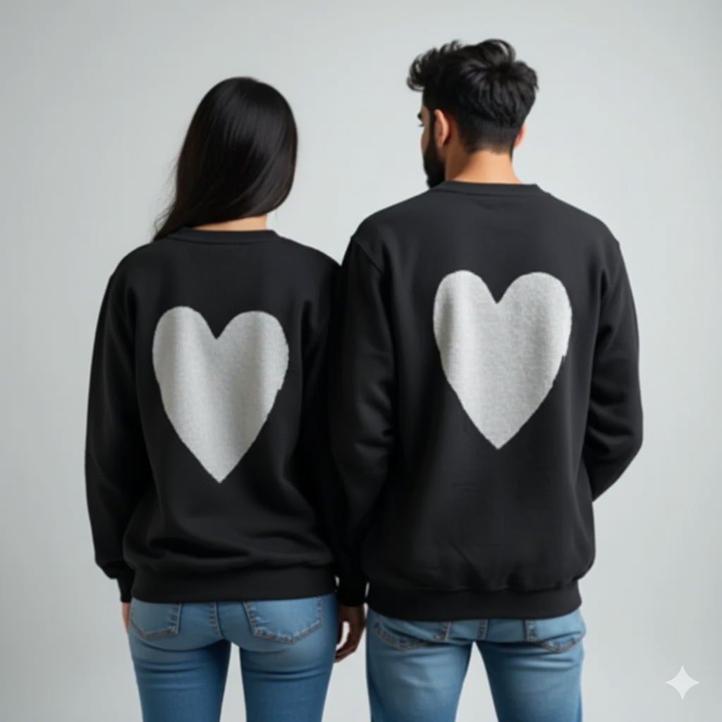 Minimalist Heart Couple Sweatshirts (Set of 2) | Matching Black Sweater Back Print | Anniversary Valentine's Gift