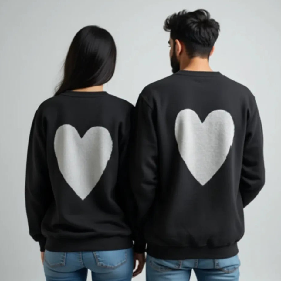 Minimalist Heart Couple Sweatshirts (Set of 2) | Matching Black Sweater Back Print | Anniversary Valentine's Gift