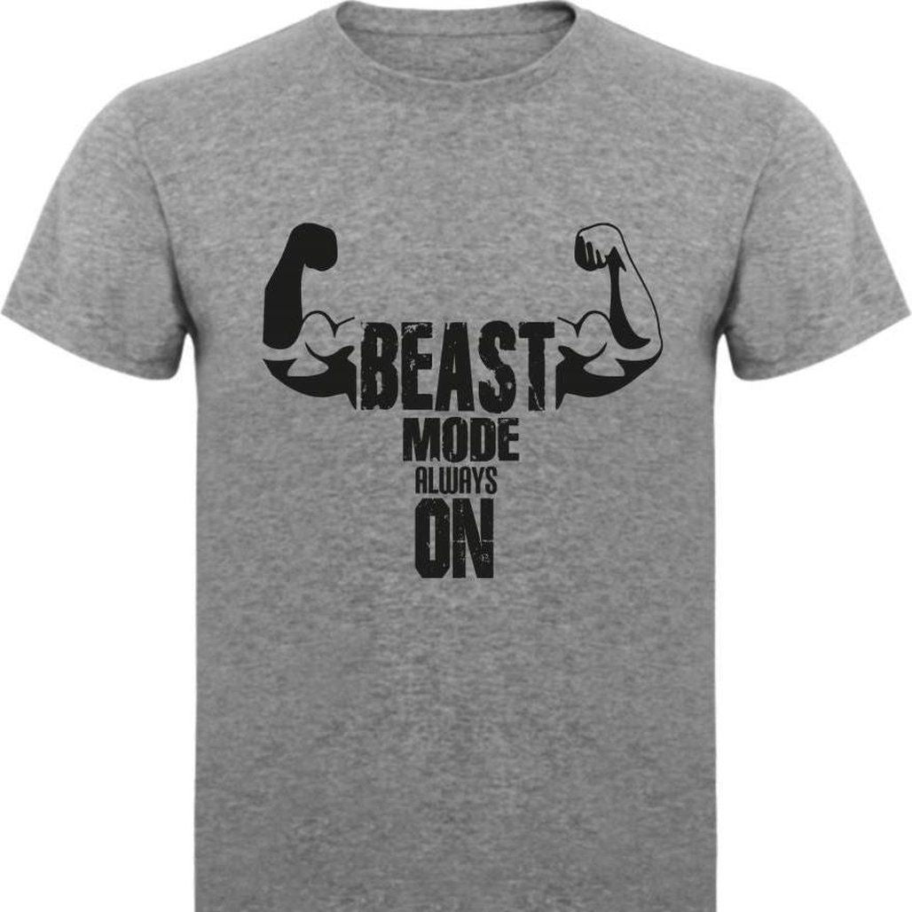 Gray t-shirt with "BEAST MODE ALWAYS ON" text and flexing arm graphics.