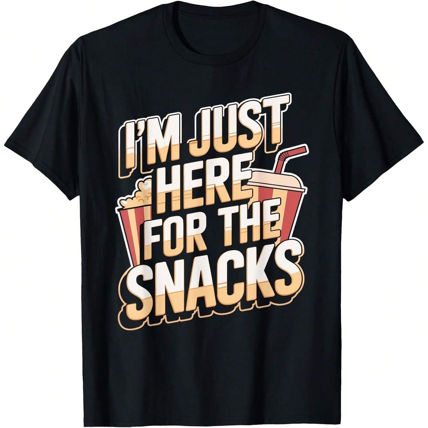 Black t-shirt with "I'm Just Here For The Snacks" text and popcorn and drink graphics. A playful design for snack lovers.
