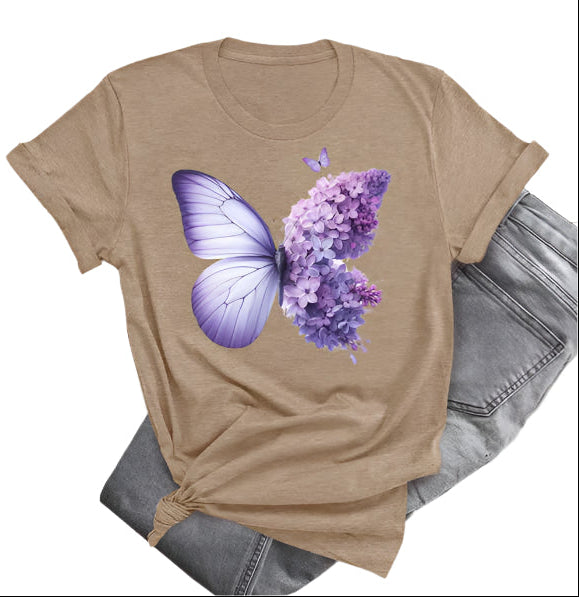 Soft Brown Savana t-shirt with a large butterfly graphic featuring a lavender floral wing and a solid light purple wing.