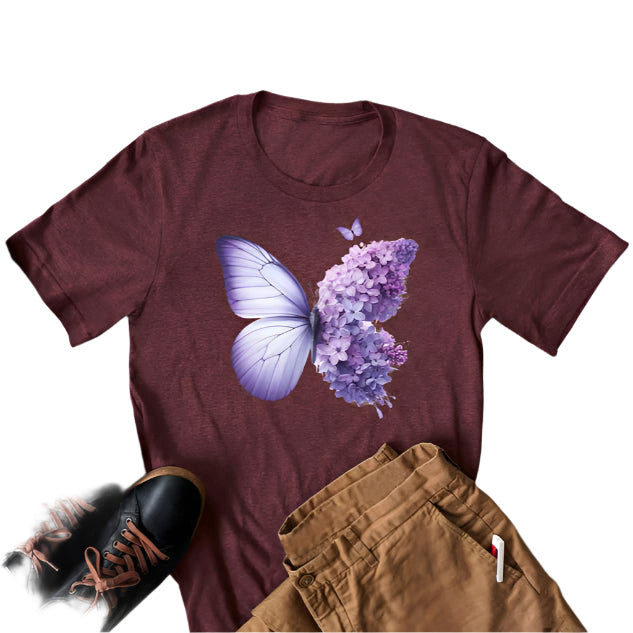 Soft Maroon t-shirt with a large butterfly graphic featuring a lavender floral wing and a solid light purple wing.