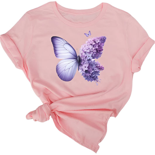 Soft pink t-shirt with a large butterfly graphic featuring a lavender floral wing and a solid light purple wing.