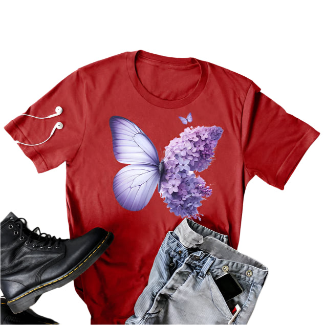 Soft Red t-shirt with a large butterfly graphic featuring a lavender floral wing and a solid light purple wing.