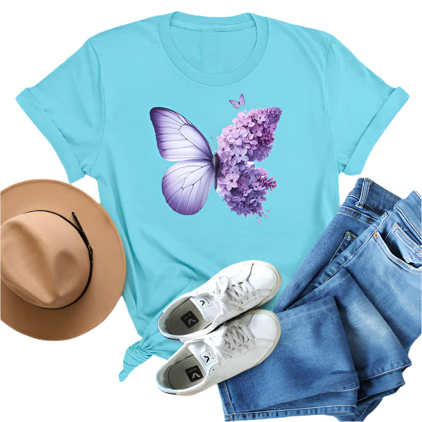 Soft Sky t-shirt with a large butterfly graphic featuring a lavender floral wing and a solid light purple wing.