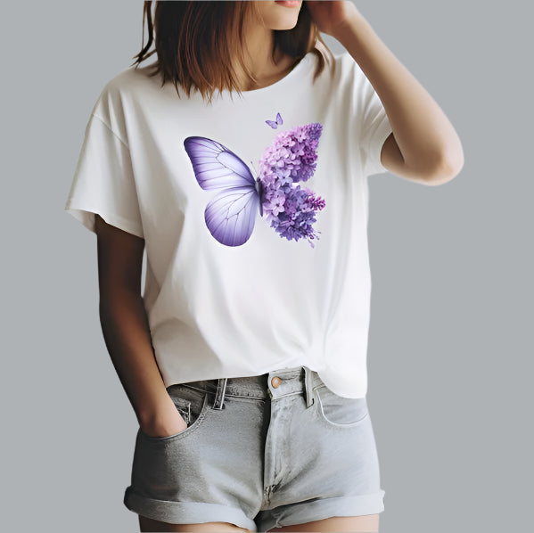 Soft White t-shirt with a large butterfly graphic featuring a lavender floral wing and a solid light purple wing.