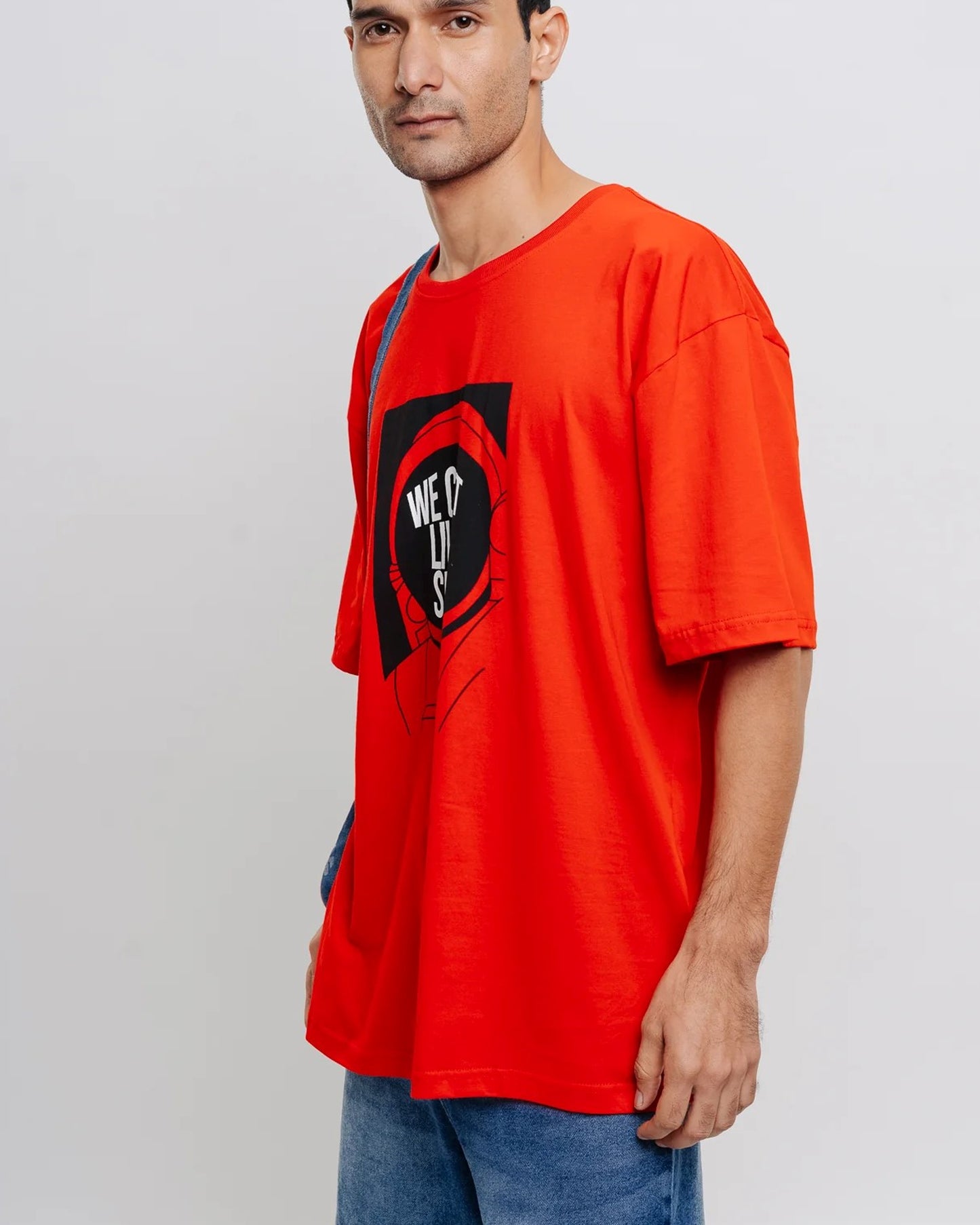 Left Sided View of We Can Live In Space Printed Red Oversize T-Shirt