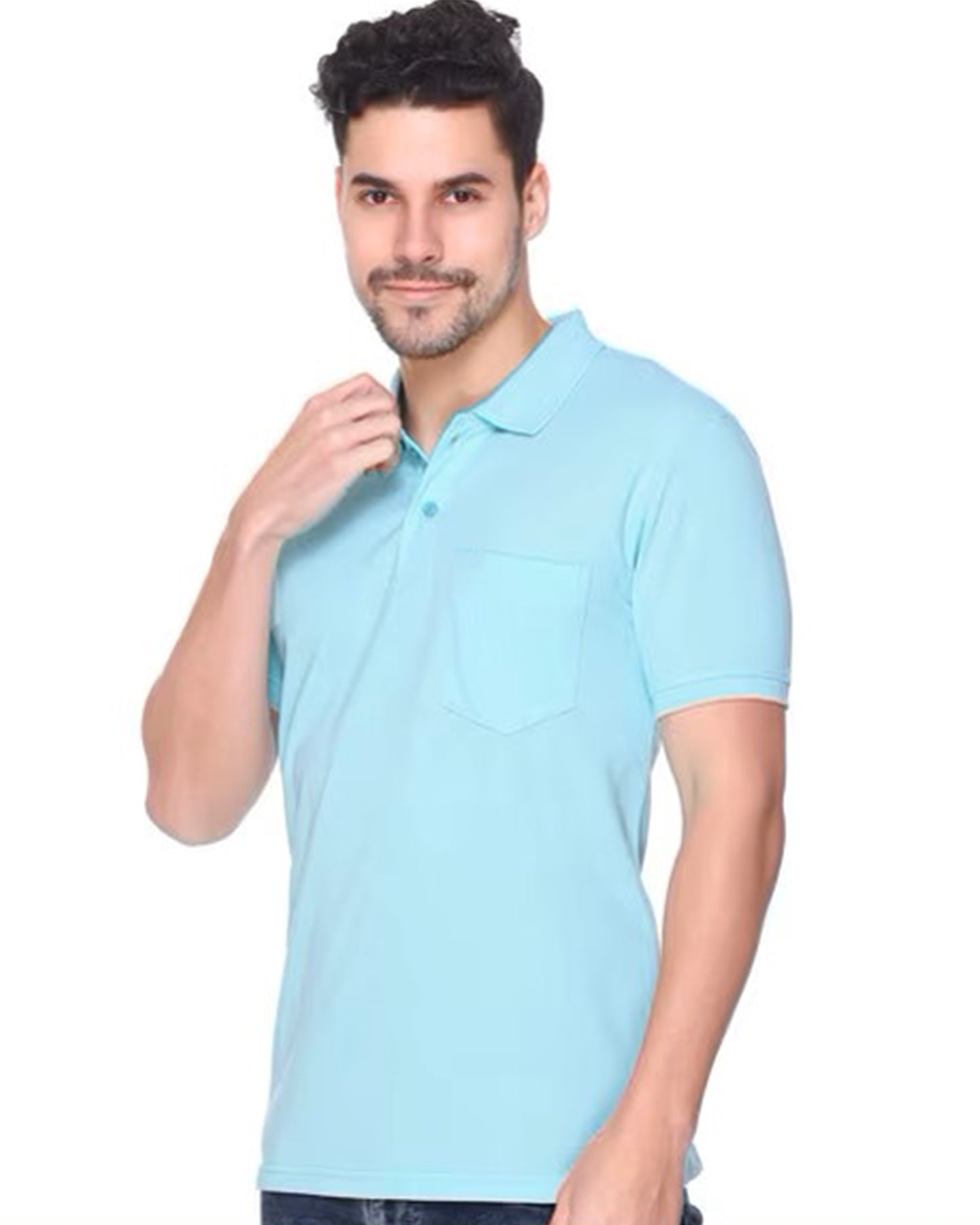 Light Blue Polo T-Shirt for Men with Pocket and Casual Fit Front view