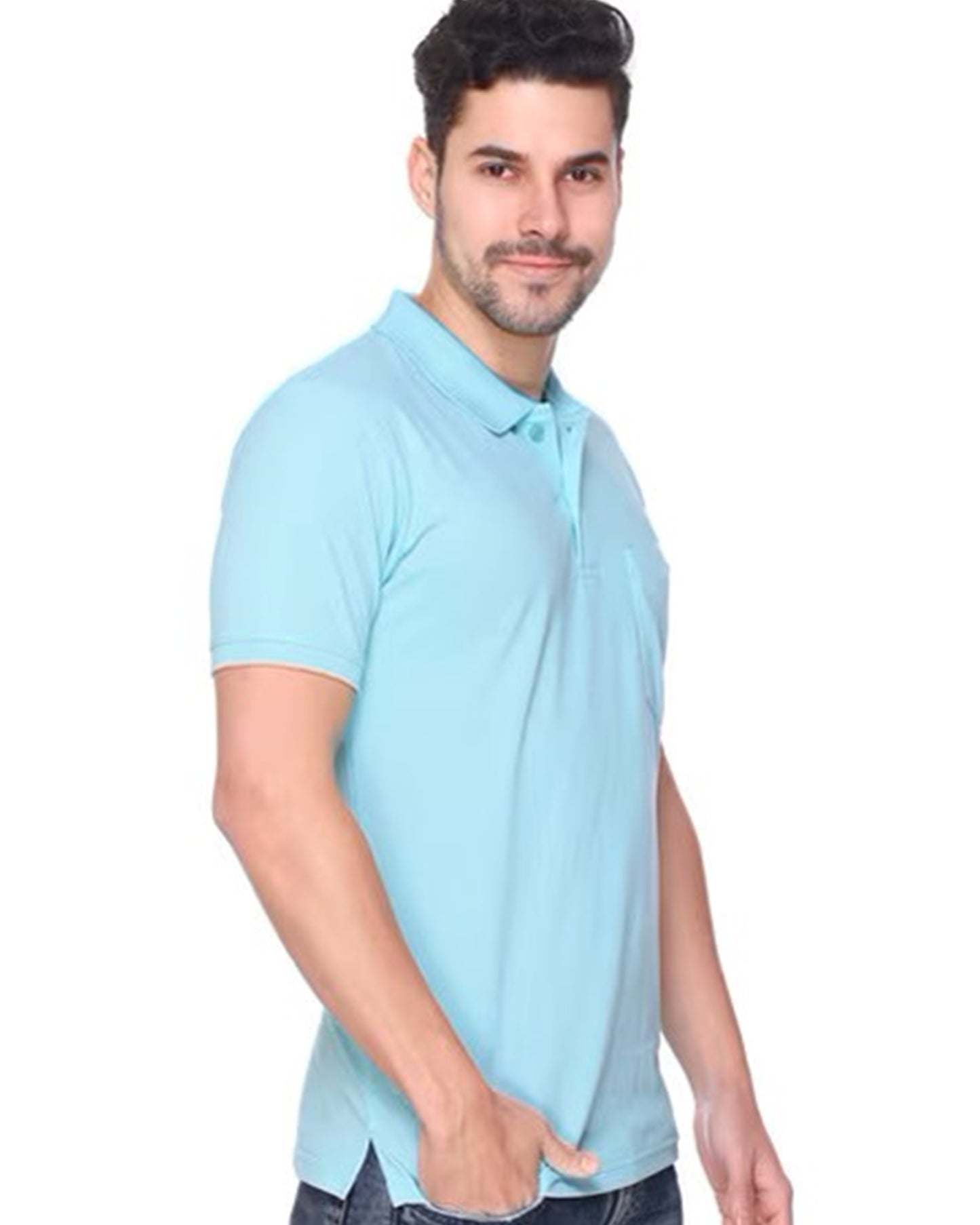 Light Blue Polo T-Shirt for Men with Pocket and Casual Fit right sideview