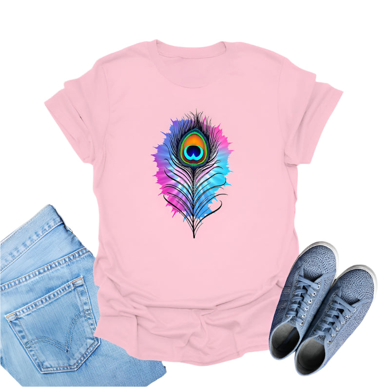 Light pink t-shirt featuring a colorful watercolor-style graphic of a peacock feather.