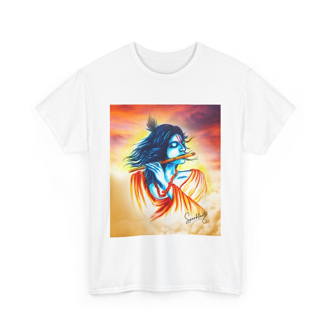 White T-Shirt featuring a colorful illustration of Lord Krishna playing his flute.