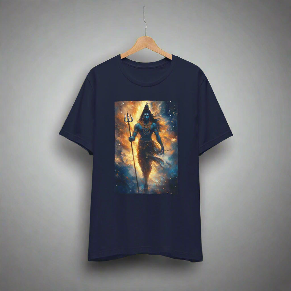 Navy blue T-Shirt featuring a vibrant illustration of Lord Shiva holding his Trishul (trident).