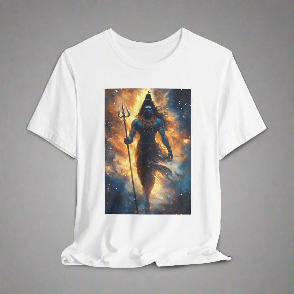 White T-Shirt featuring a vibrant illustration of Lord Shiva holding his Trishul (trident).