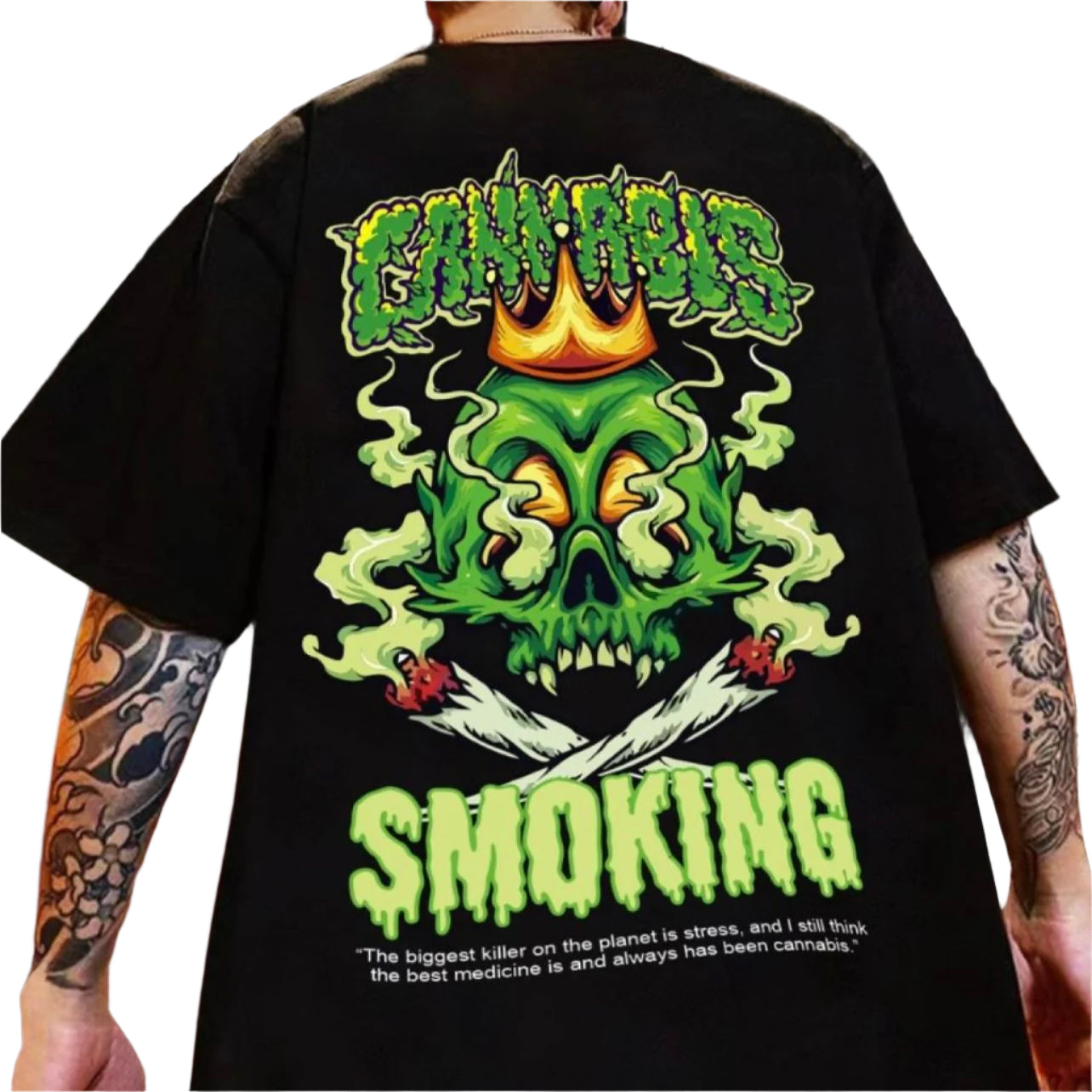 Dark-colored oversized t-shirt with a back print featuring a green skull with a crown, the word "Cannabis" in a dripping font, and the word "Smoking" below.