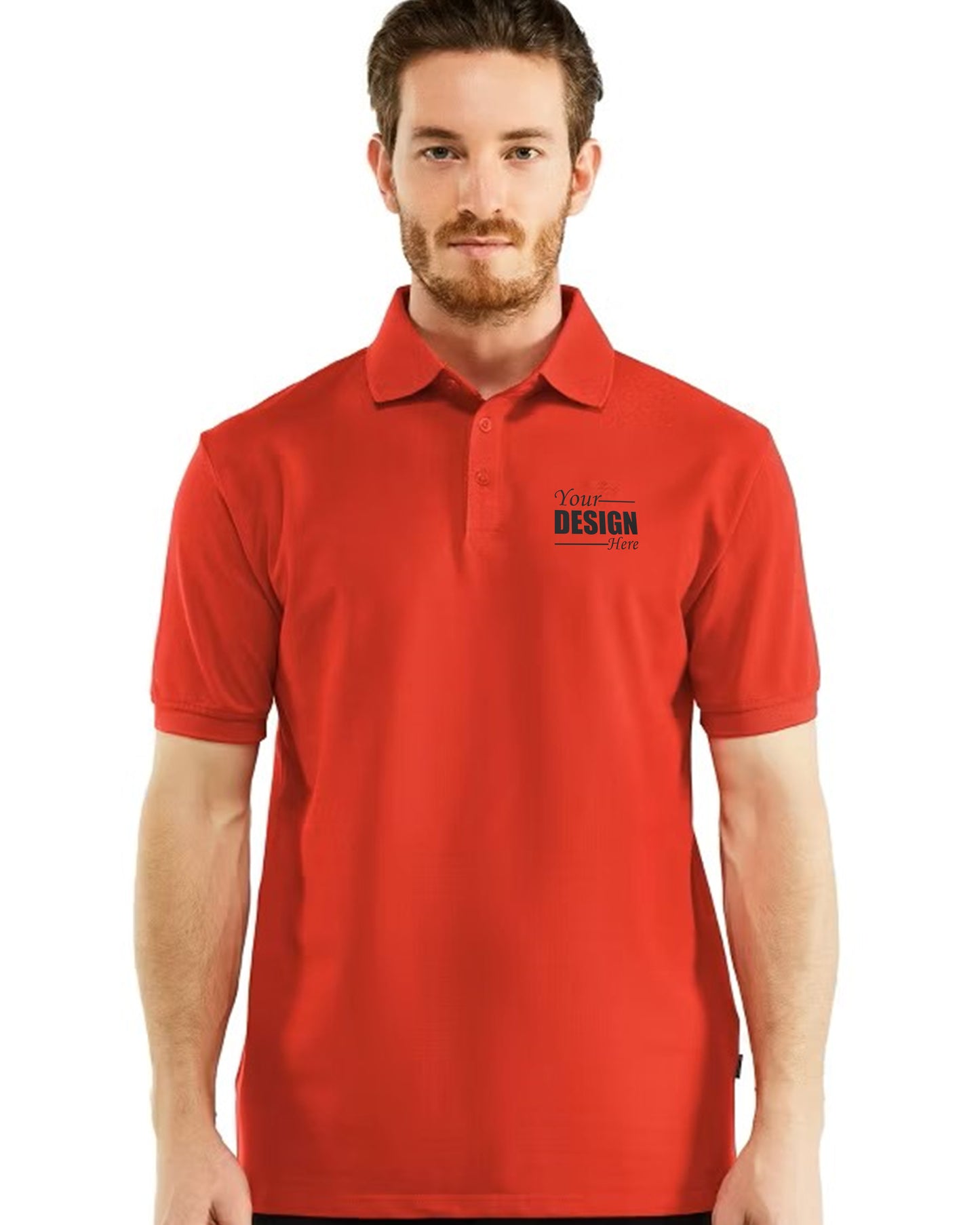 Middle Front_View_Man_in_Red_Polo_T-Shirt_with_YOUR_DESIGN_HERE