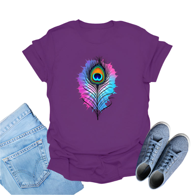 Purple t-shirt featuring a colorful watercolor-style graphic of a peacock feather.
