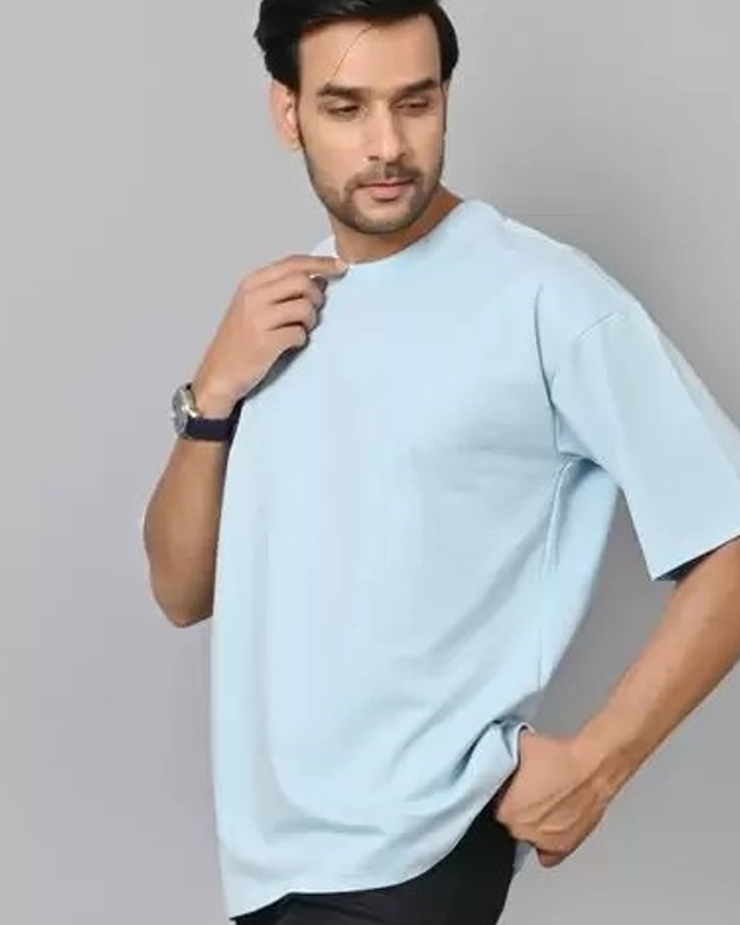 Sky Blue Oversized T-Shirt Casual Style with Relaxed Fit Close Front Tilt View