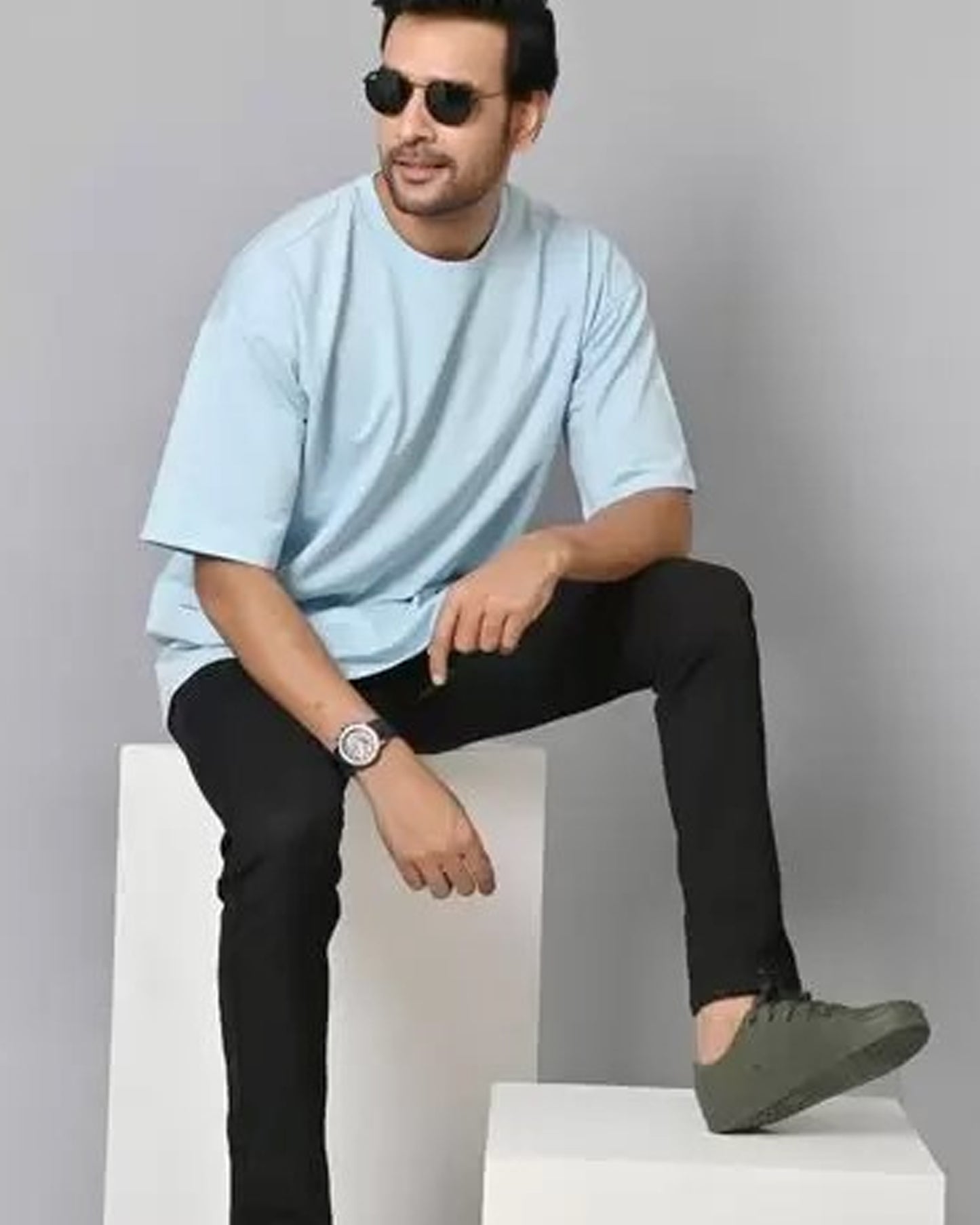 Sky Blue Oversized T-Shirt Casual Style with Relaxed Fit Sitting View