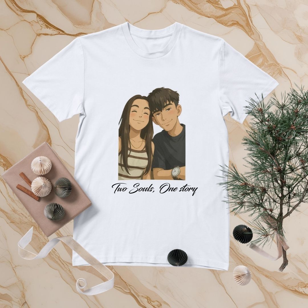 Two Souls, One Story – Couple T-Shirt (White Edition)