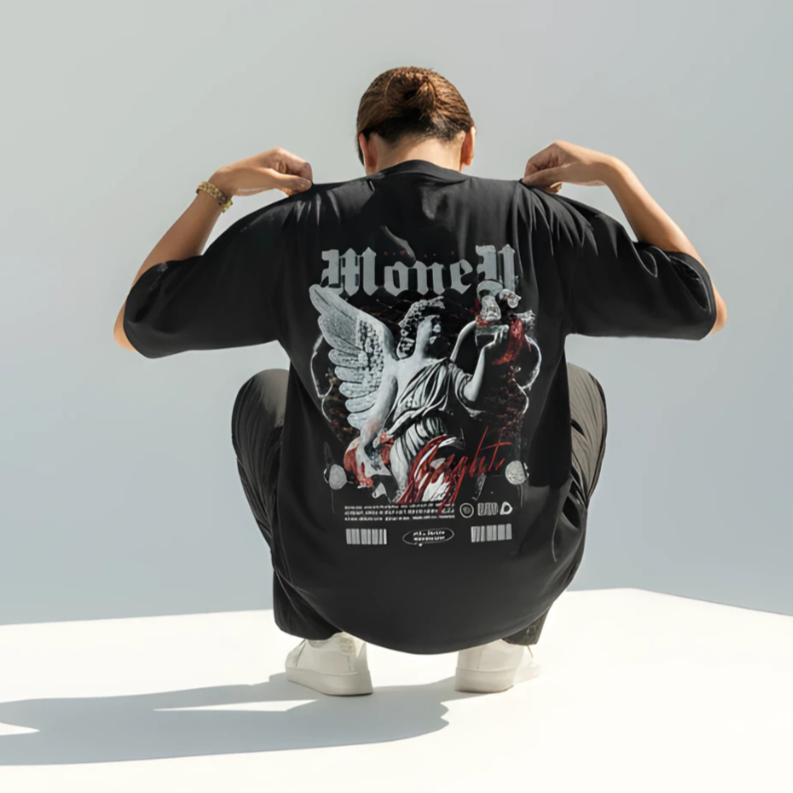 Black Oversized Graphic T-Shirt with Renaissance Inspired Print
