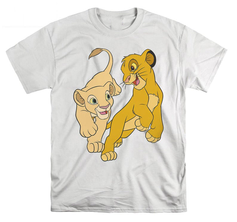 White t-shirt featuring a cartoon graphic of young Simba and Nala from Disney's "The Lion King".