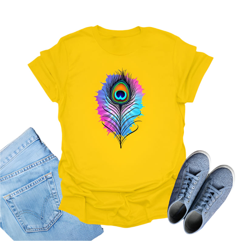 Yellow t-shirt featuring a colorful watercolor-style graphic of a peacock feather.