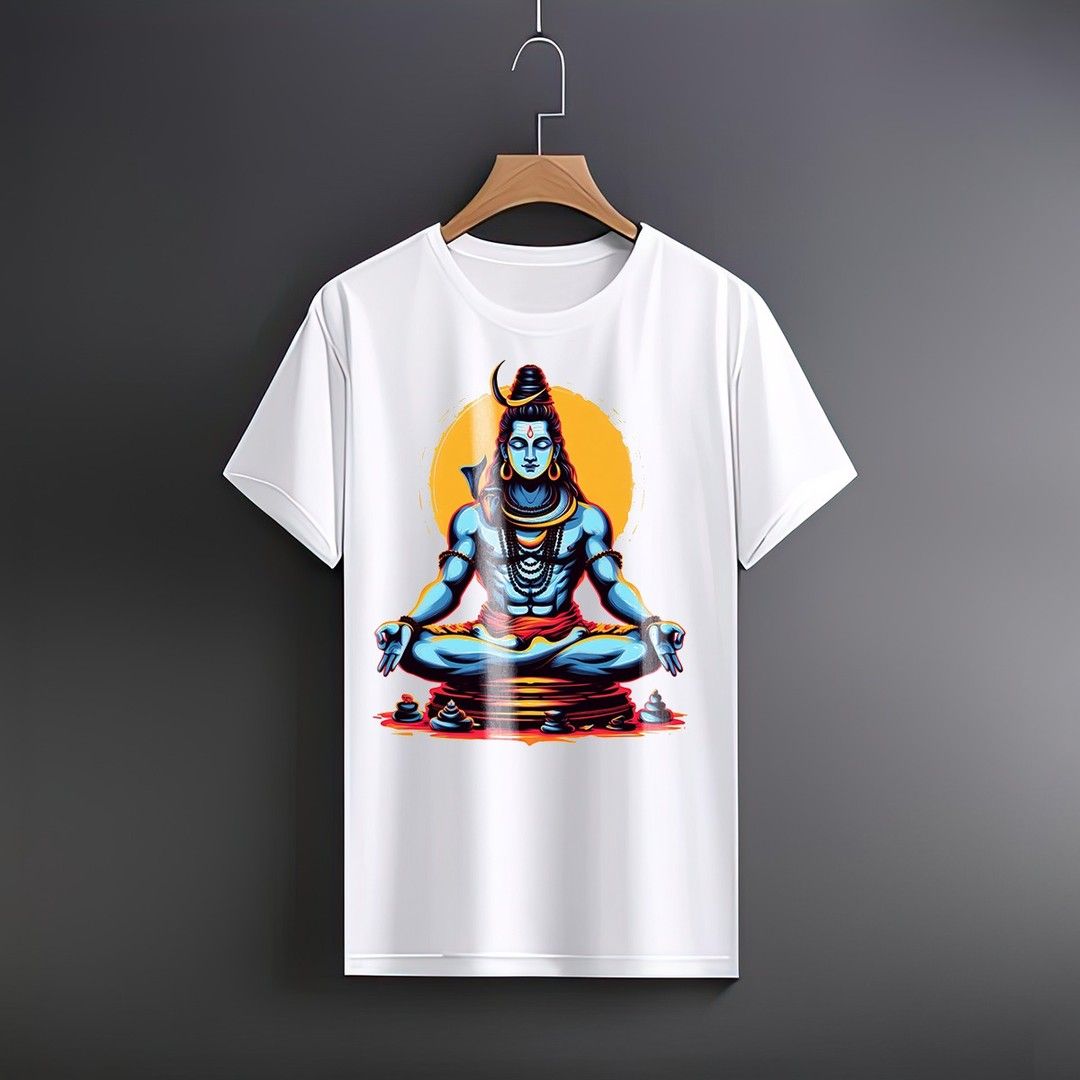 White T-Shirt with a modern graphic illustration of Shiva in a meditative pose against a yellow circle background.