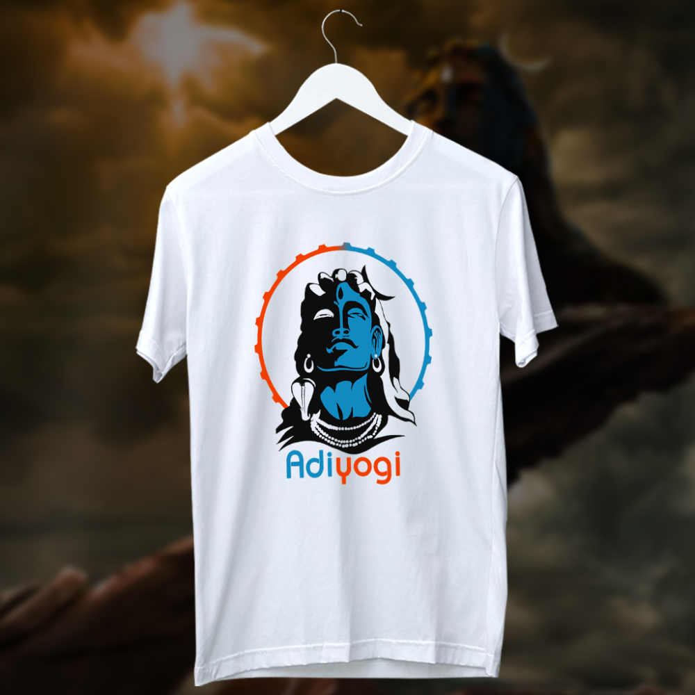 White T-Shirt with a graphic portrait of Shiva within a blue and orange circle, and "Adiyogi" written below.