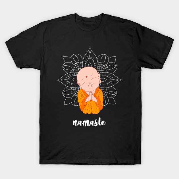 A black t-shirt featuring a cartoon monk with "namaste," a symbol of peace and respectful greeting on the path.