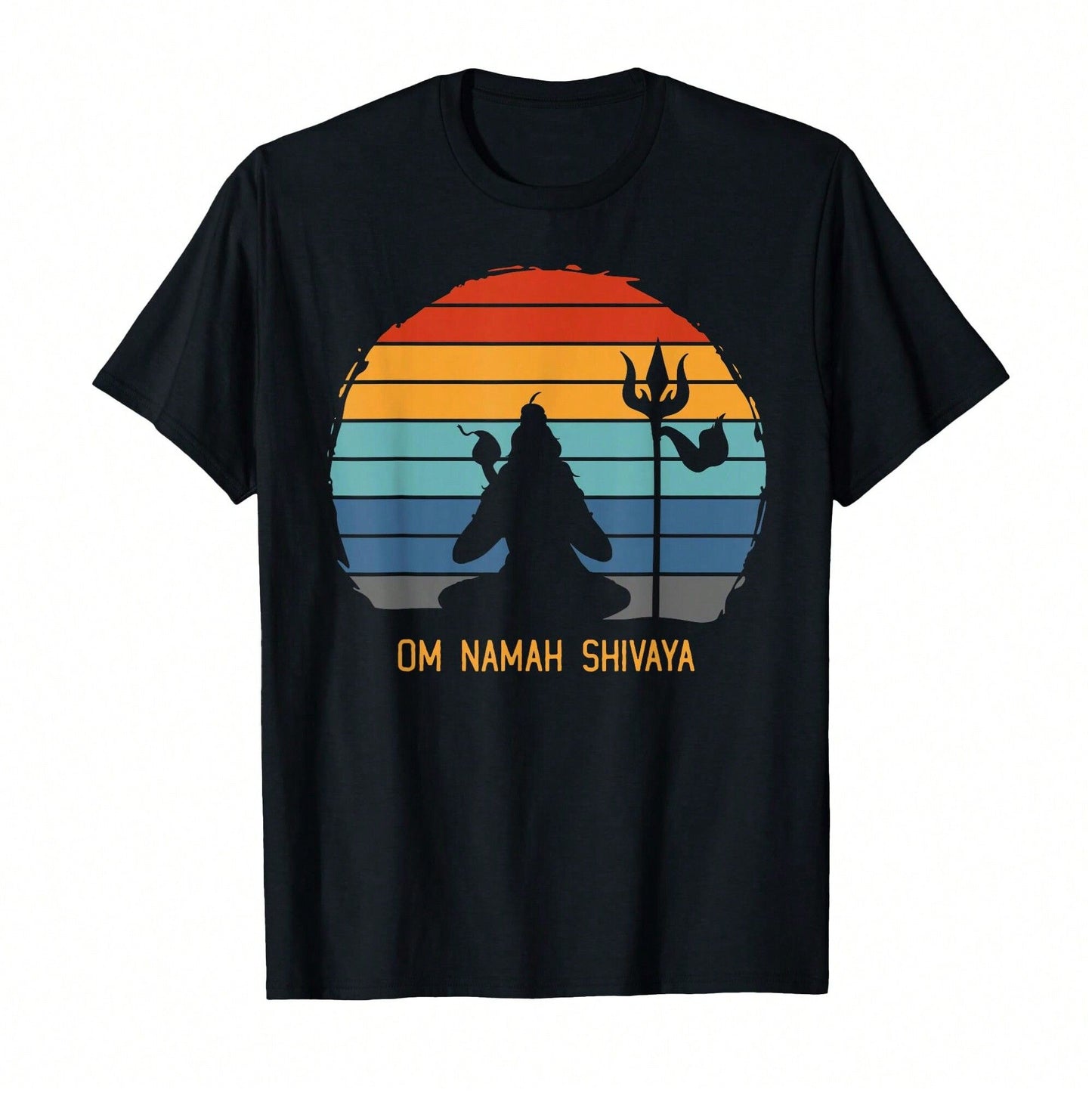 Black T-Shirt with a silhouette of Shiva, his trident, and a striped sunset background, with "OM NAMAH SHIVAYA" written below.