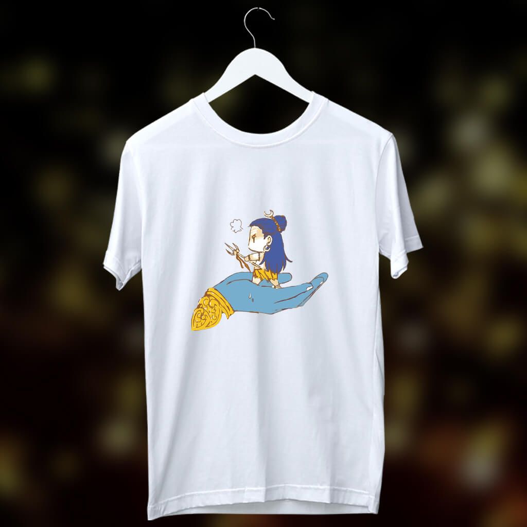 White T-Shirt with a cartoon-style illustration of Shiva sitting on a large blue hand, holding a trident.