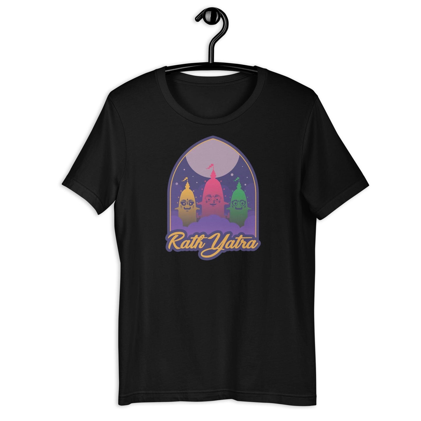 A black t-shirt with stylized Jagannath, Balabhadra, and Subhadra figures during Rath Yatra, celebrating the divine journey.