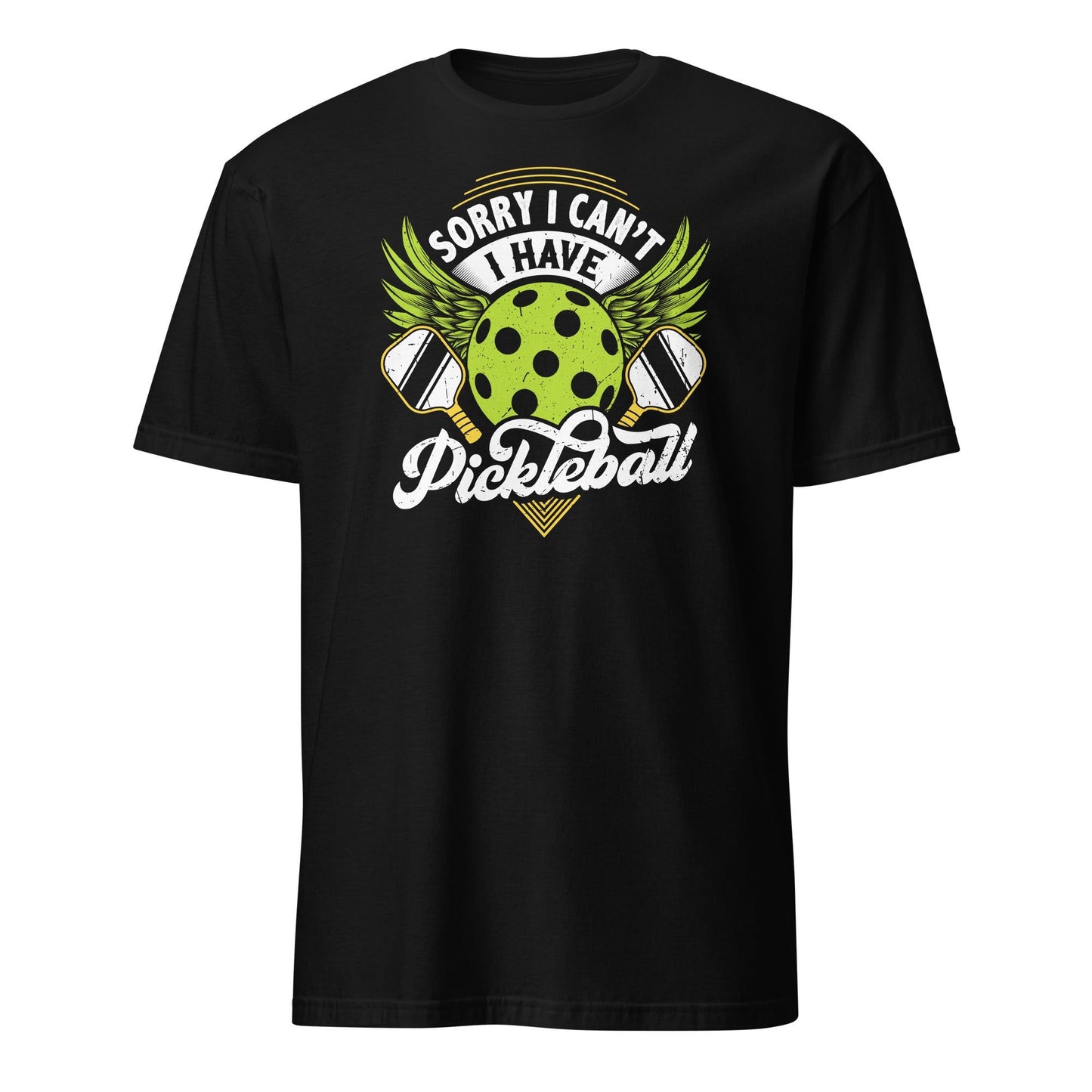 Black t-shirt with "Sorry I can't have Pickleball" text and pickleball graphic.