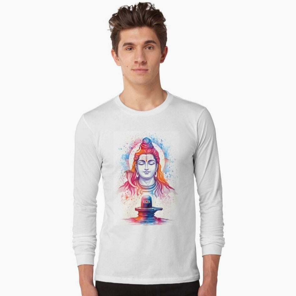 White long-sleeve T-Shirt with a colorful watercolor-style portrait of Shiva and a Shiva Lingam below.