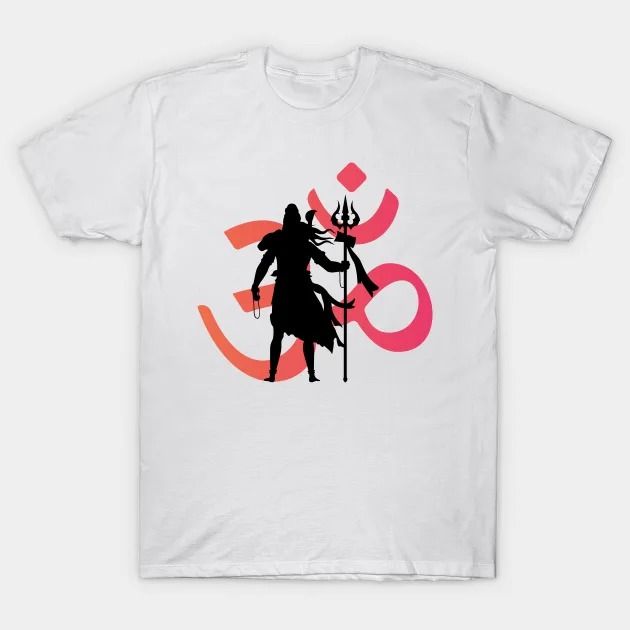 White T-Shirt with a black silhouette of Shiva holding a trident, and a red Om symbol in the background.