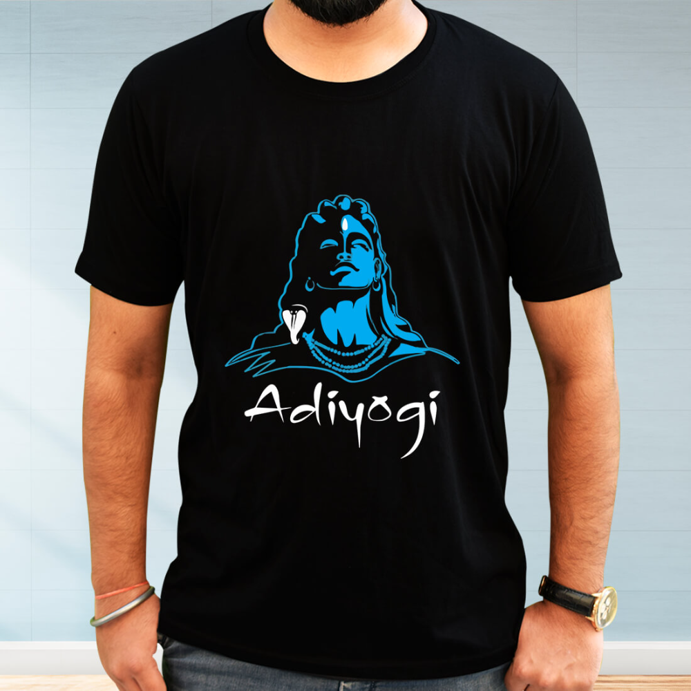 Black T-Shirt with a blue graphic illustration of Adiyogi Shiva and "Adiyogi" written in a stylized white script.