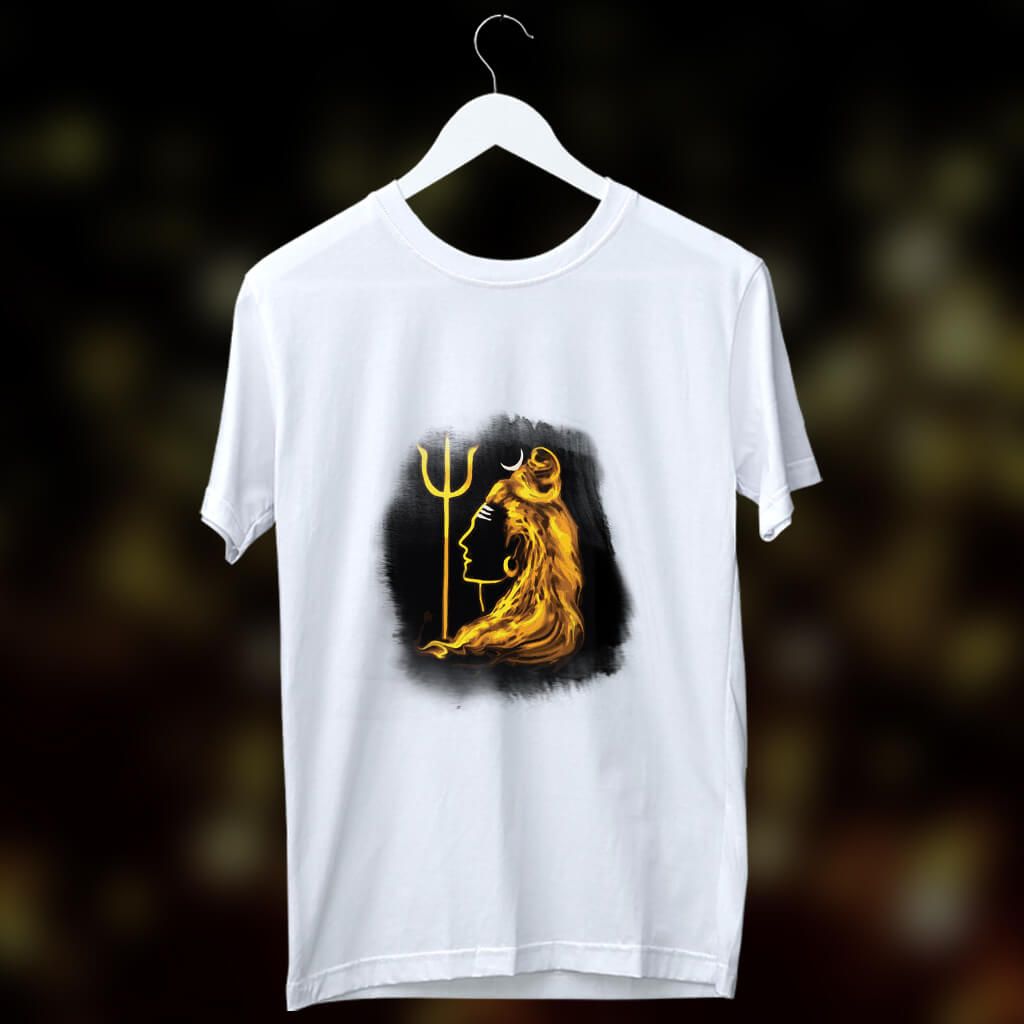 White T-Shirt with a side-profile illustration of Shiva with a trident and crescent moon, against a dark, smoky background.