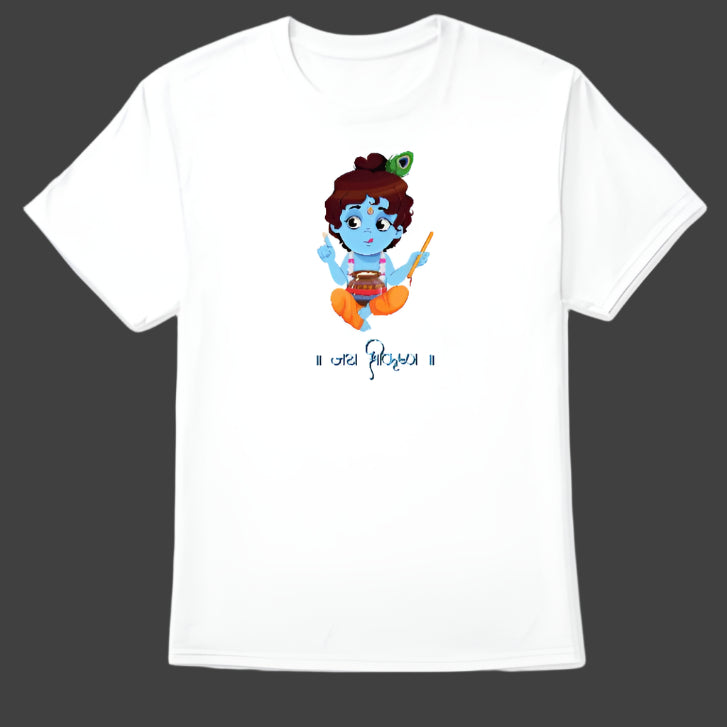 White t-shirt with a cartoon-style illustration of Bal Gopal (baby Krishna) and the mantra "॥ जय श्रीकृष्ण ॥" in Devanagari script below.
