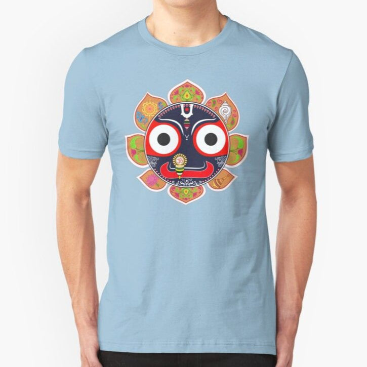 A light blue t-shirt with Lord Jagannath's eyes in a lotus, a symbol of divine love and grace.