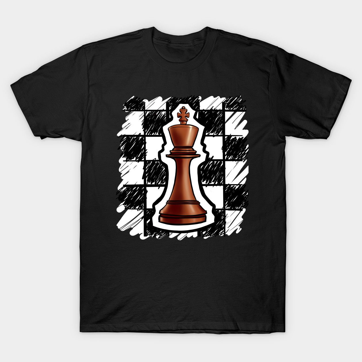 Black t-shirt with a central design of a brown chess king piece against a black and white checkered background, featuring artistic sketch-like strokes.