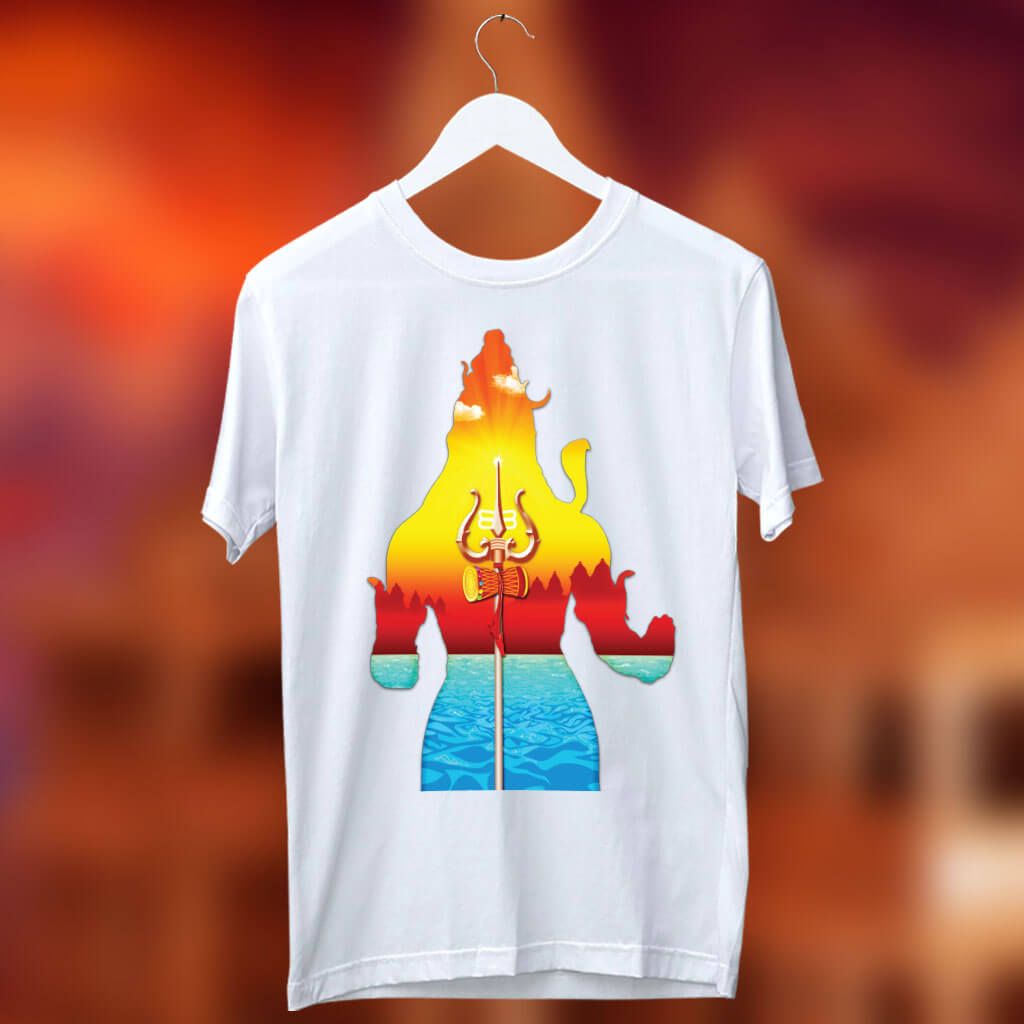White T-Shirt with an abstract graphic of Shiva's silhouette and trident against a sunset and water background.