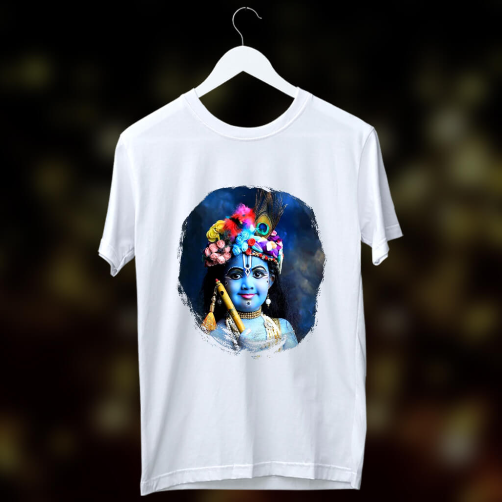 White t-shirt with a detailed, colorful portrait of Bal Gopal (baby Krishna) with a decorative crown.