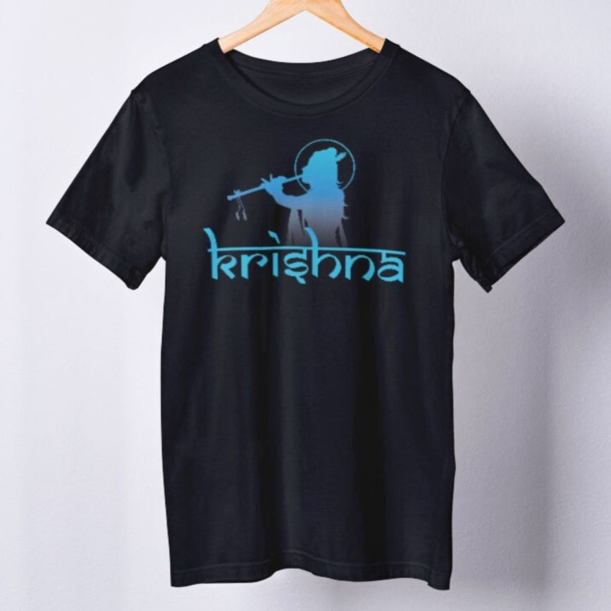 Black t-shirt with a blue silhouette of Krishna playing the flute and "Krishna" written in modern script below.