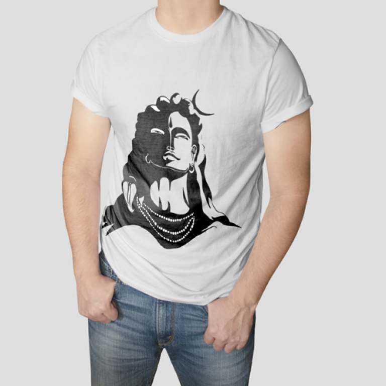 White T-Shirt with a black silhouette of Shiva's half-face, with a crescent moon and beaded necklace.